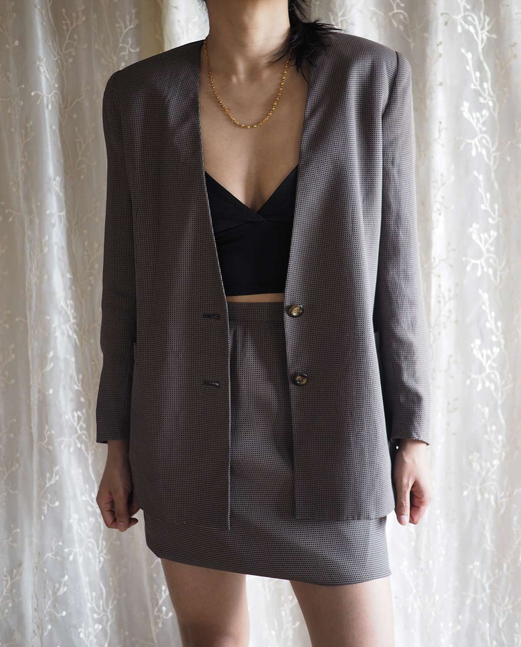 Vintage-Brown-Collarless-Blazer-and-Skirt-Suit 4