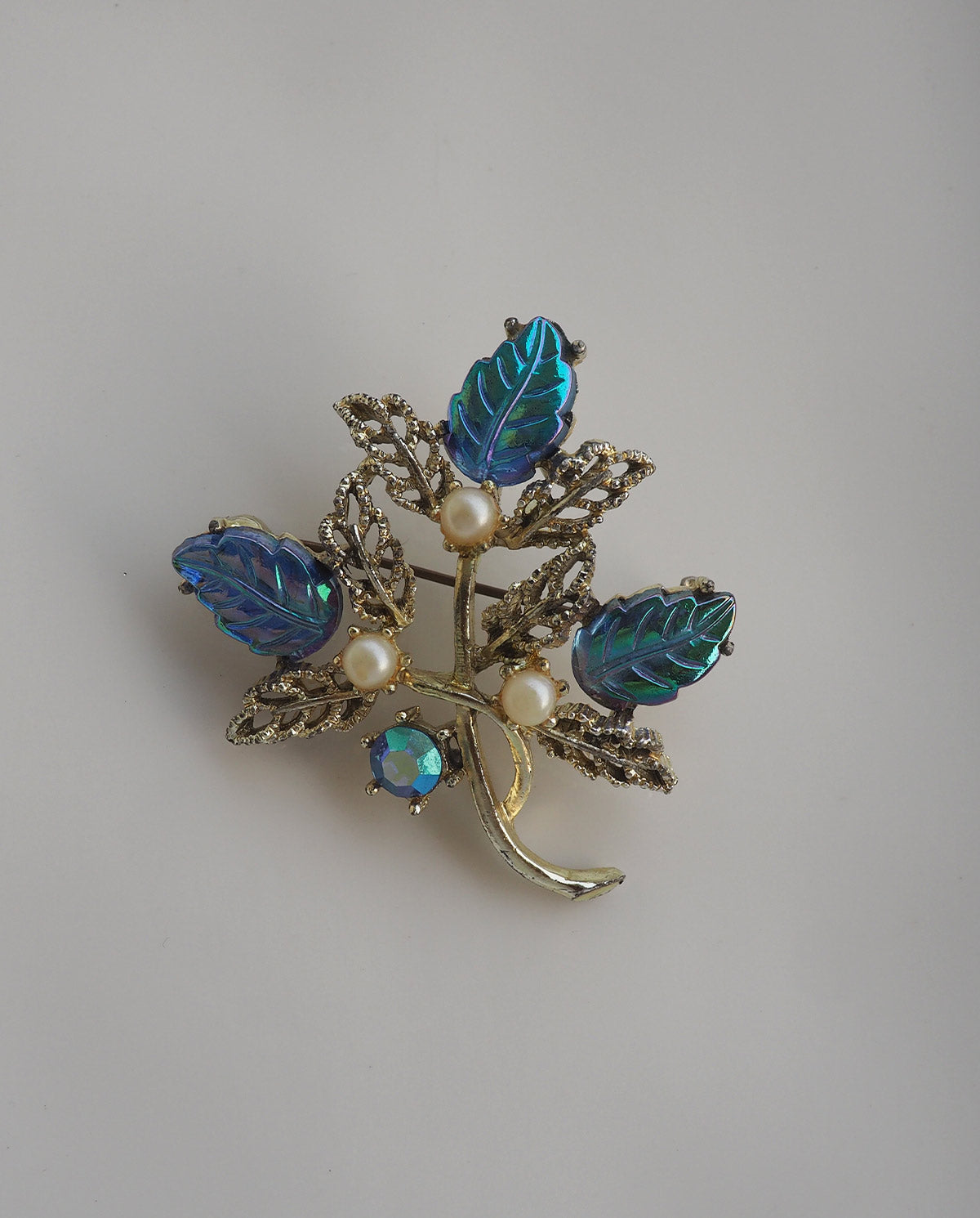 Blue Leaf Silver Tone Brooch