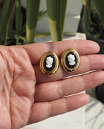 Load image into Gallery viewer, Monet Signed Cameo Girl Blue Pierced Earrings
