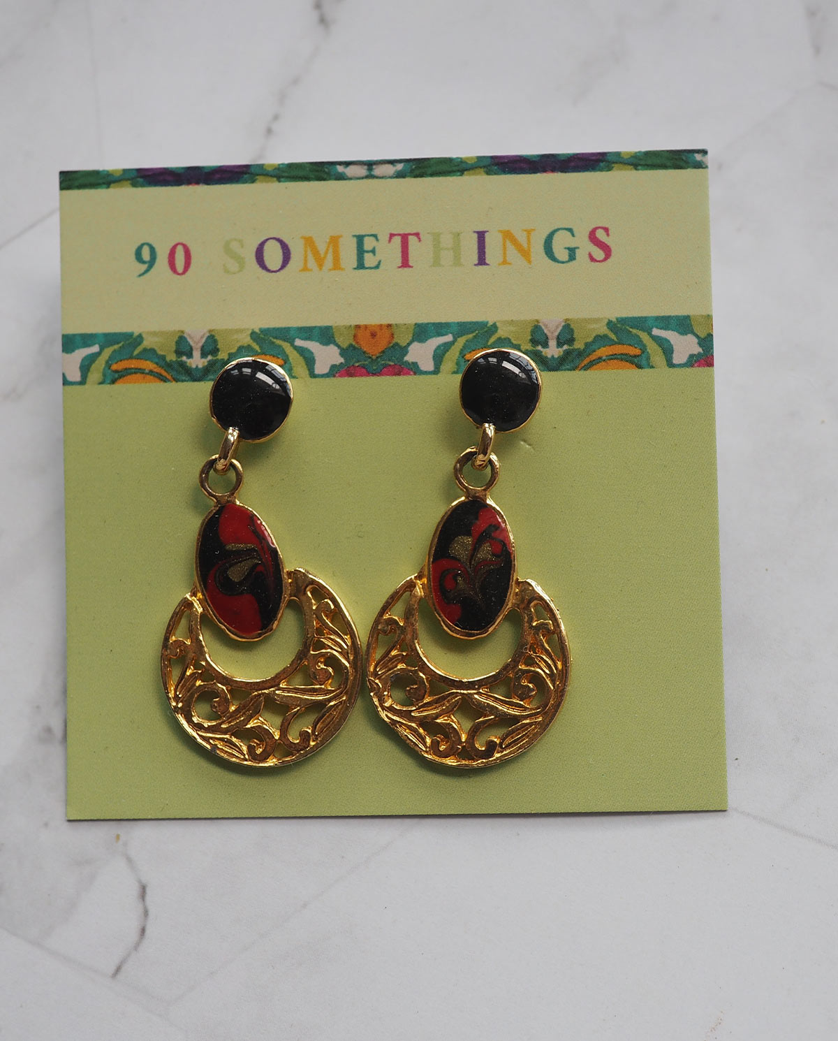 Gold Tone Red Enamel Dangle Earrings