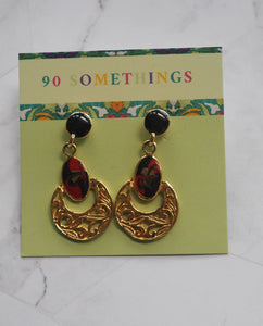 Gold Tone Red Enamel Dangle Earrings