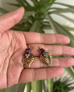 Filigree Leaf with Purple Stone Screwbacks