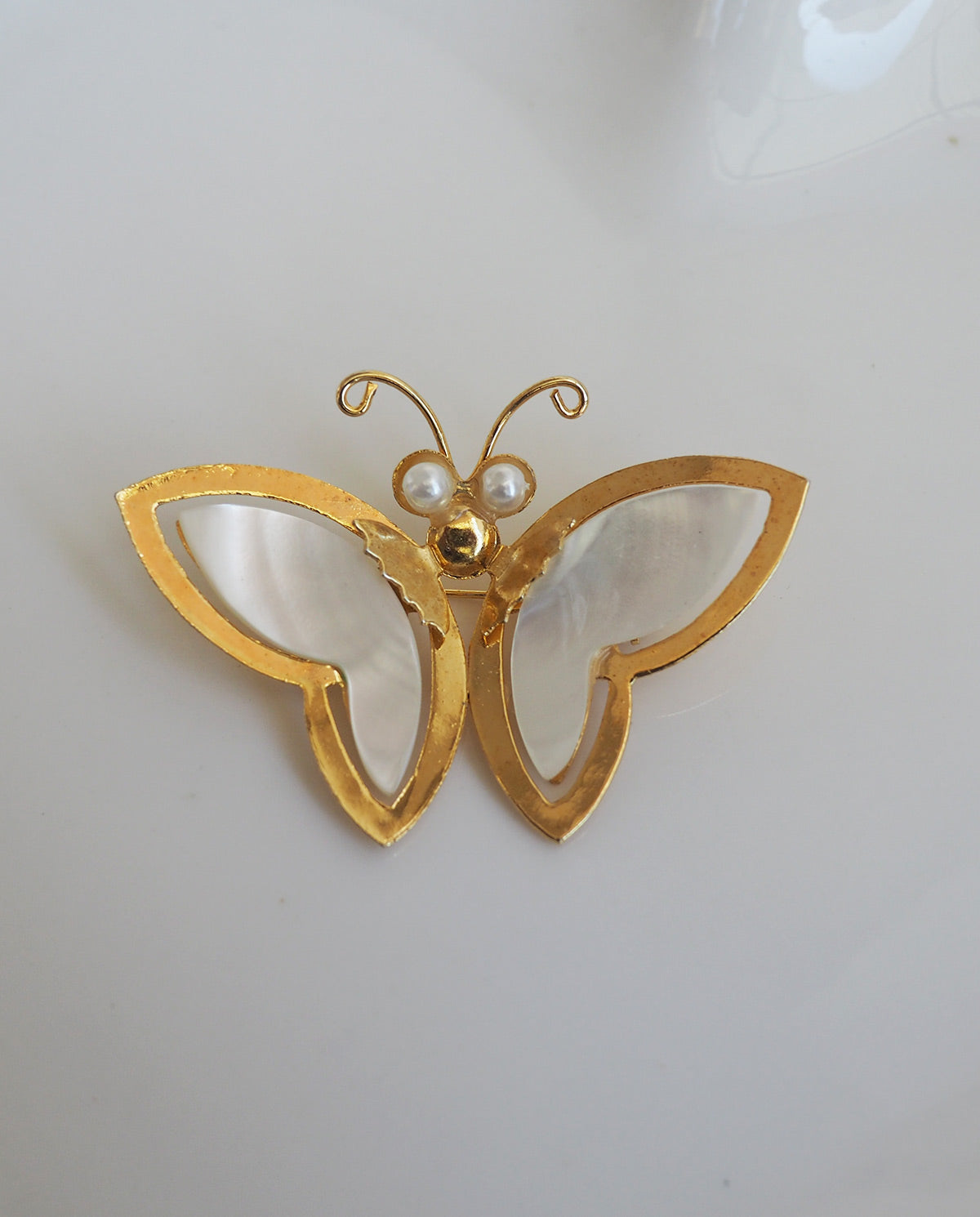 Gold Tone White Pearl Butterfly Brooch