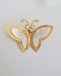 Gold Tone White Pearl Butterfly Brooch