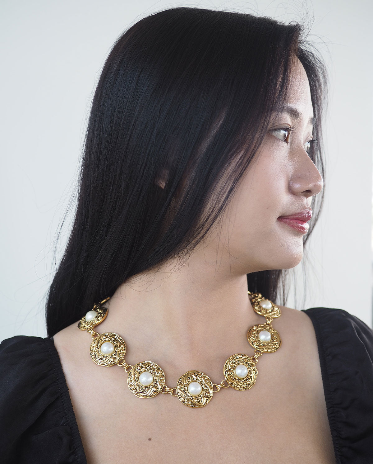 Gold Tone with Faux Pearl Statement Necklace