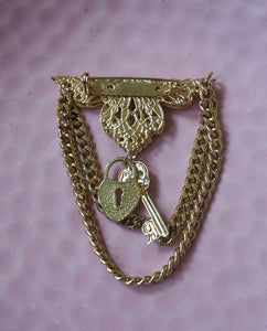 Lock and Key Dangle Chain Brooch