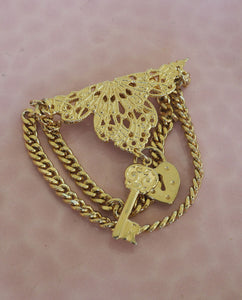 Lock and Key Dangle Chain Brooch