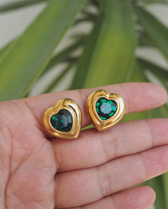 Green Stone Heart Clip Ons