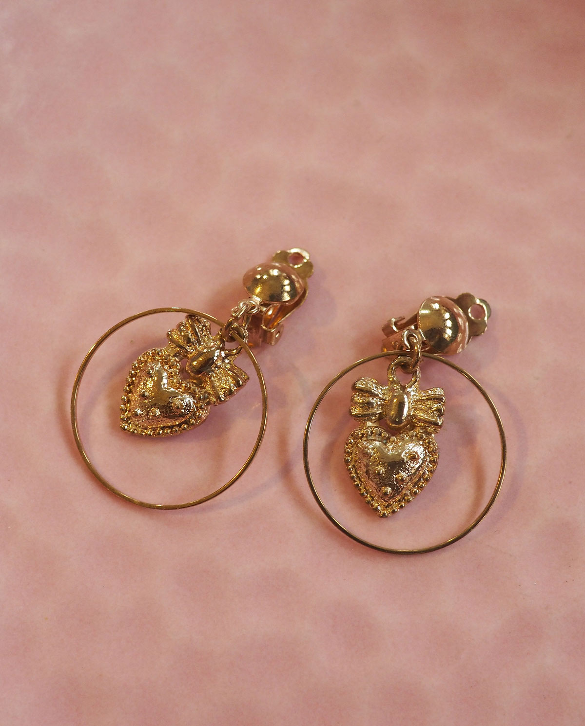 Gold Tone Vintage Heart Hoops Earrings