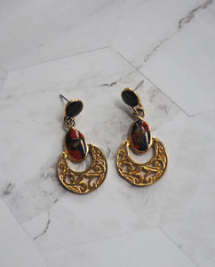 Gold Tone Red Enamel Dangle Earrings