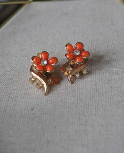 Orange Floral Rhinestone Clip Ons