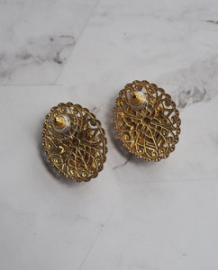 Gold Tone Faux Pearl Rhinestone Earrings