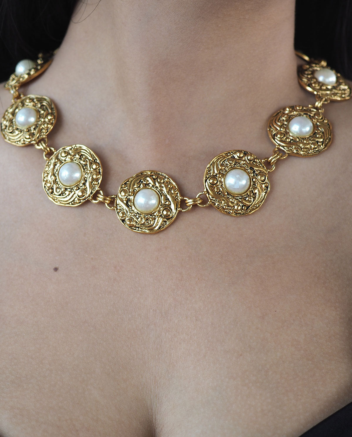 Gold Tone with Faux Pearl Statement Necklace