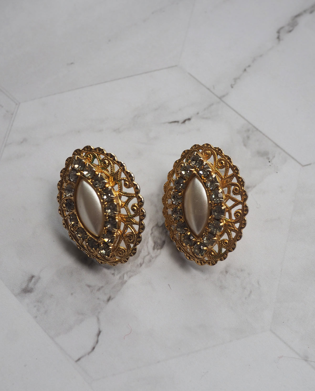 Gold Tone Faux Pearl Rhinestone Earrings