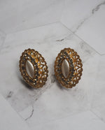 Load image into Gallery viewer, Gold Tone Faux Pearl Rhinestone Earrings
