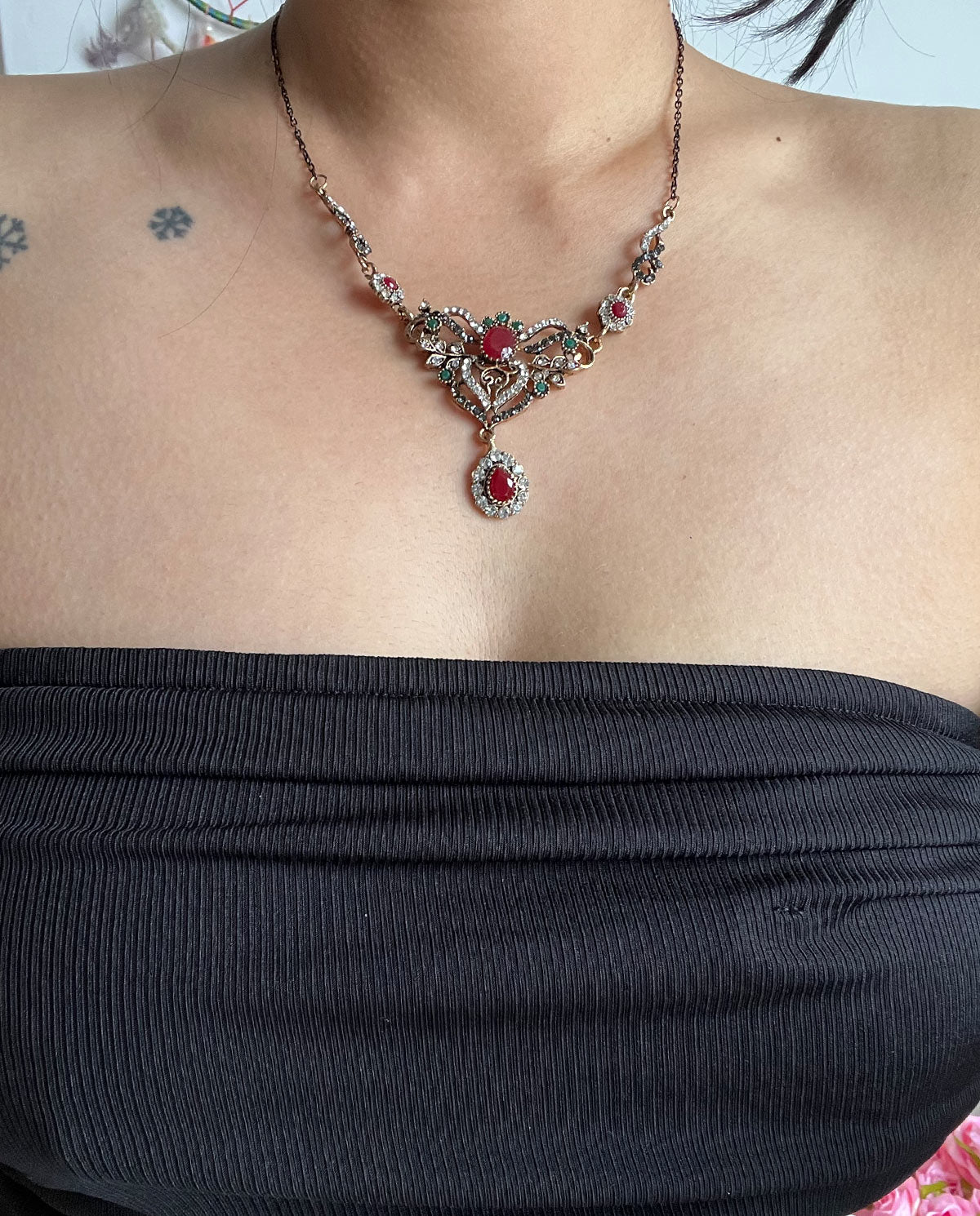 Red Green Stone Bracelet & Necklace Set