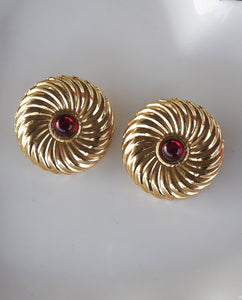 Gold Tone Red Stone Spiral Statement Earrings