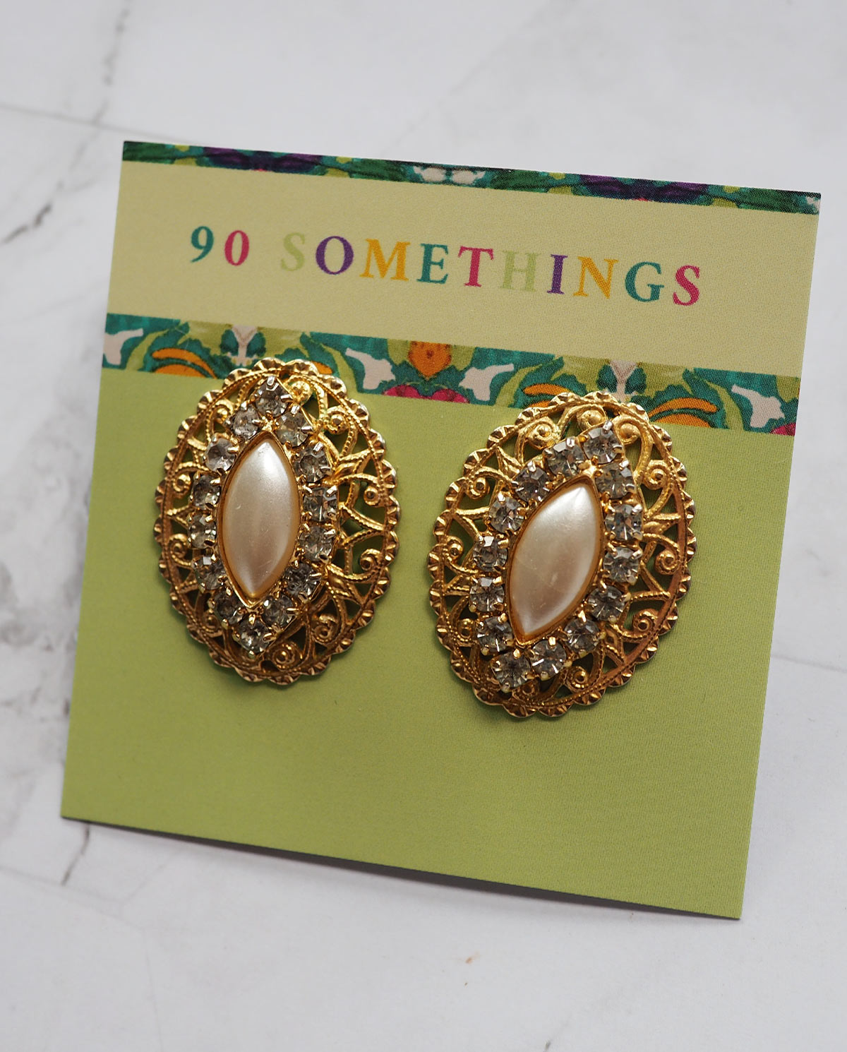 Gold Tone Faux Pearl Rhinestone Earrings