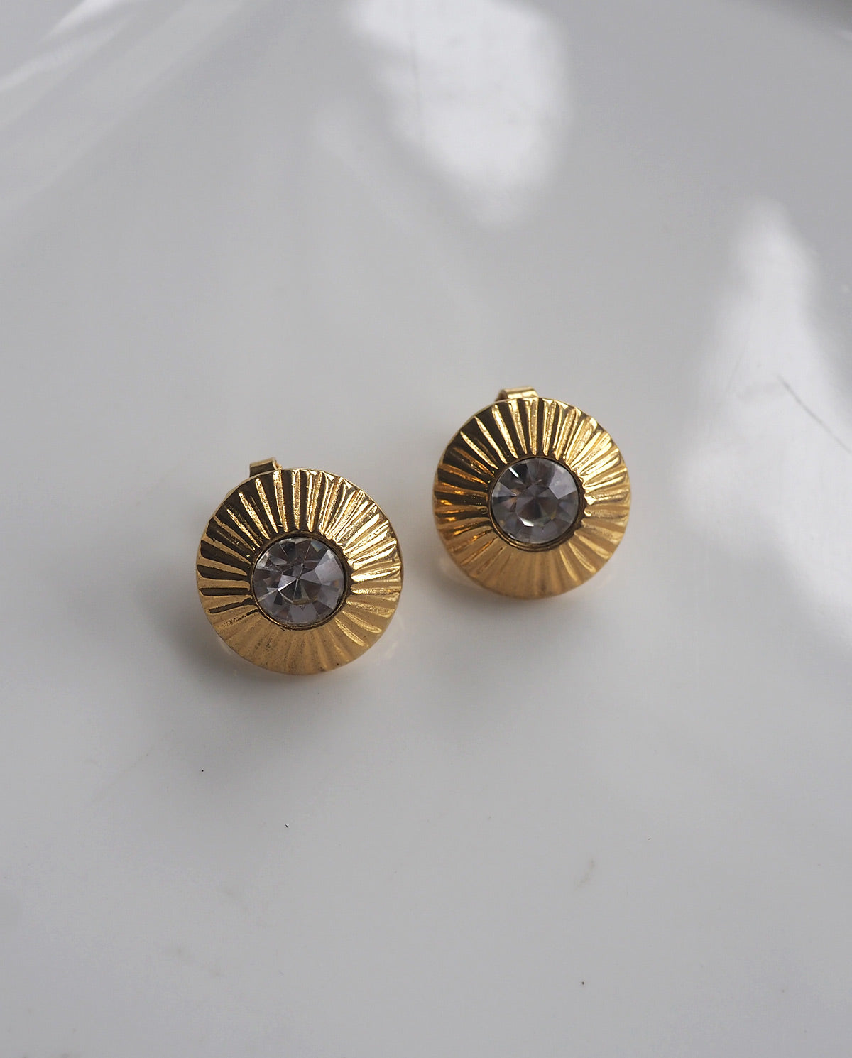 Gold Tone Textured Round Rhinestone Earrings