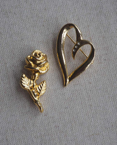 Set of 2 Mini Rose and Heart Brooch