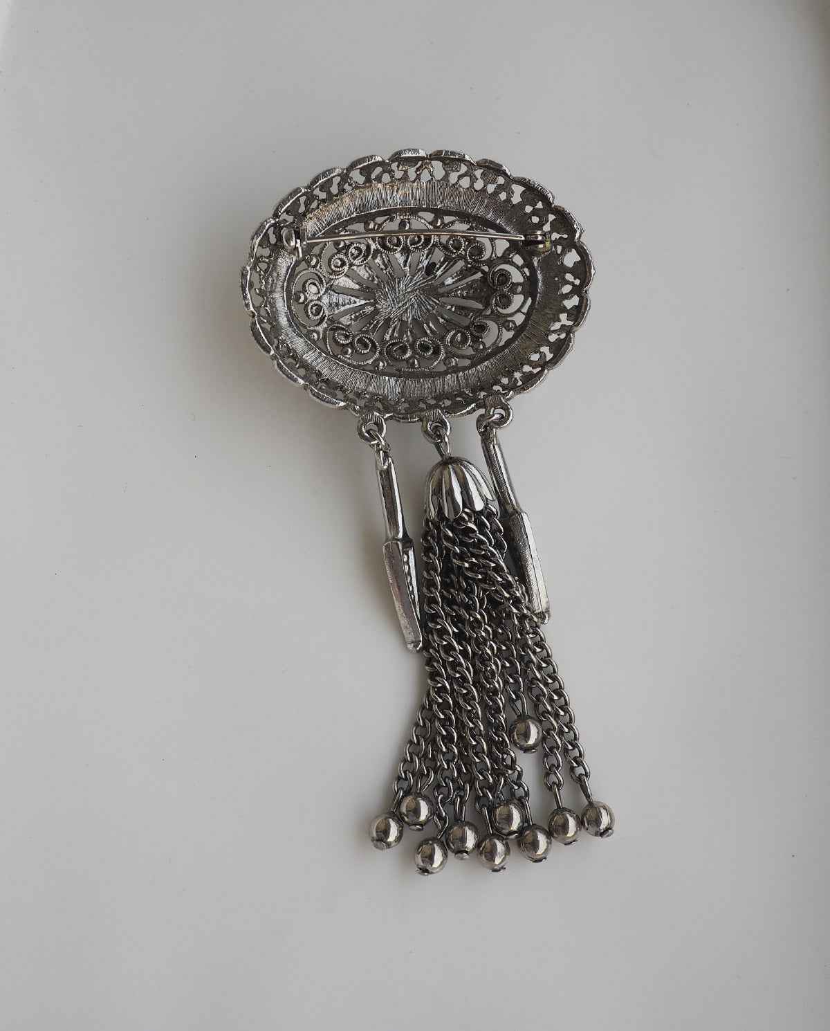 Large Silver Brooch with Tassels