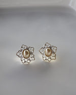 Load image into Gallery viewer, Silver Tone Flower With Faux Pearl Earrings

