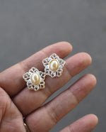 Load image into Gallery viewer, Silver Tone Flower With Faux Pearl Earrings
