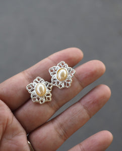 Silver Tone Flower With Faux Pearl Earrings
