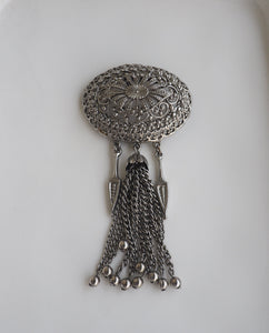 Large Silver Brooch with Tassels