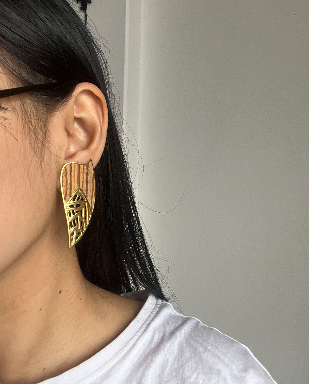 Gold Tone Wooden Texture Statement Earrings