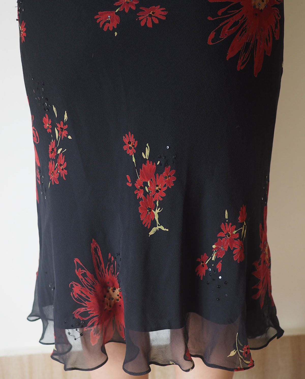 Black Floral Beaded Silk Slip Dress