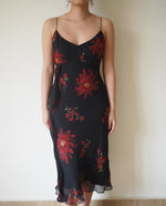 Load image into Gallery viewer, Black Floral Beaded Silk Slip Dress
