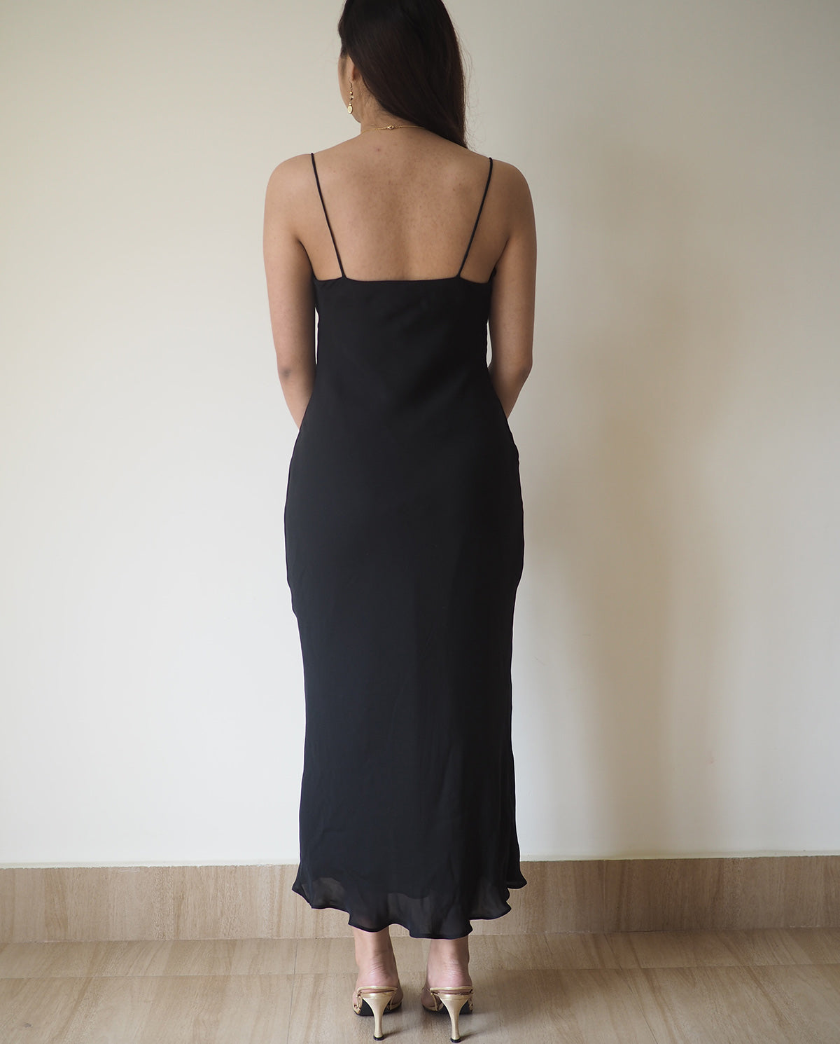 Black Longline Cowl Neck Silk Slip Dress