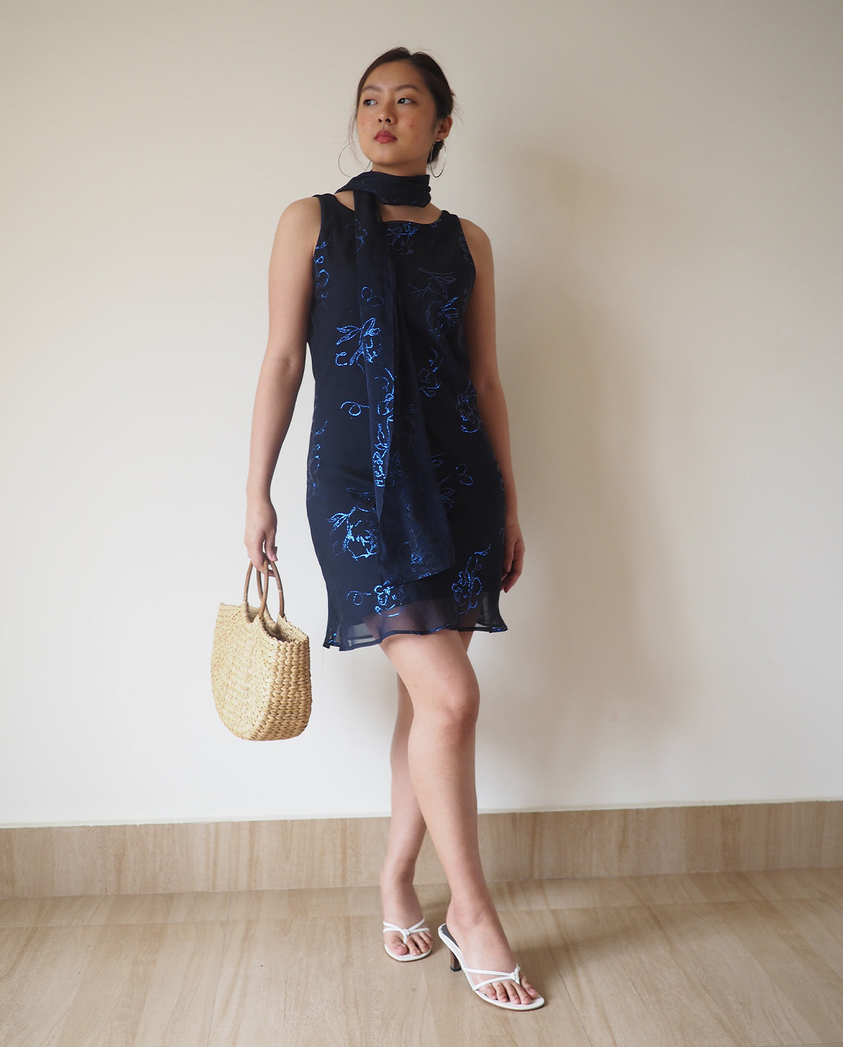 Navy Glitter Mini Dress with Matching Scarf