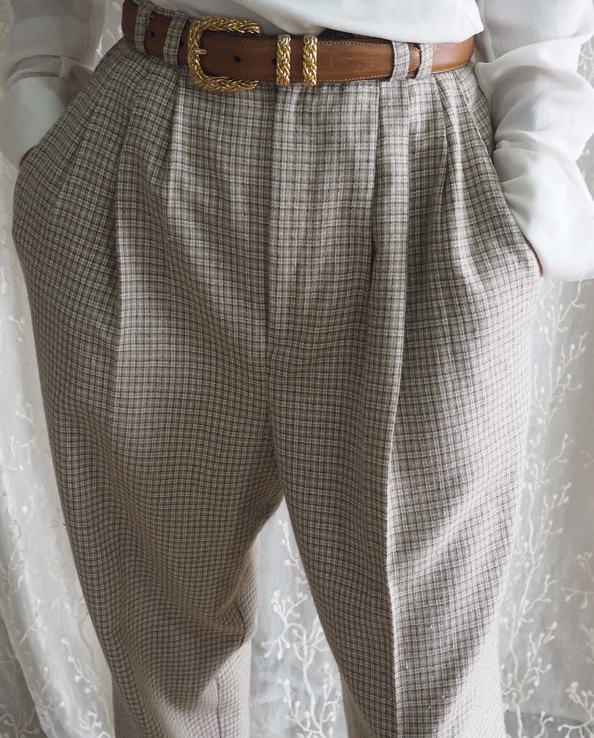 Vintage Tan Checkered High Waist Pegged Trousers