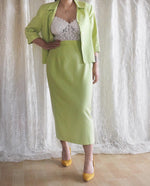 Load image into Gallery viewer, Vintage-Lime-Green-Blazer-and-Midi-Skirt-Suit
